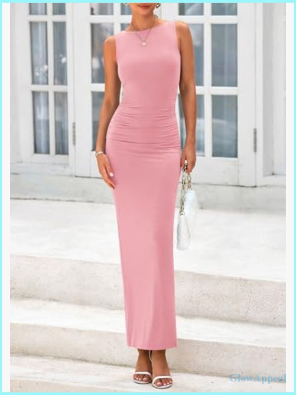 Sleeveless Midi Bodycon Dress with Ruched Detail Back Slit - Picture 3 of 7